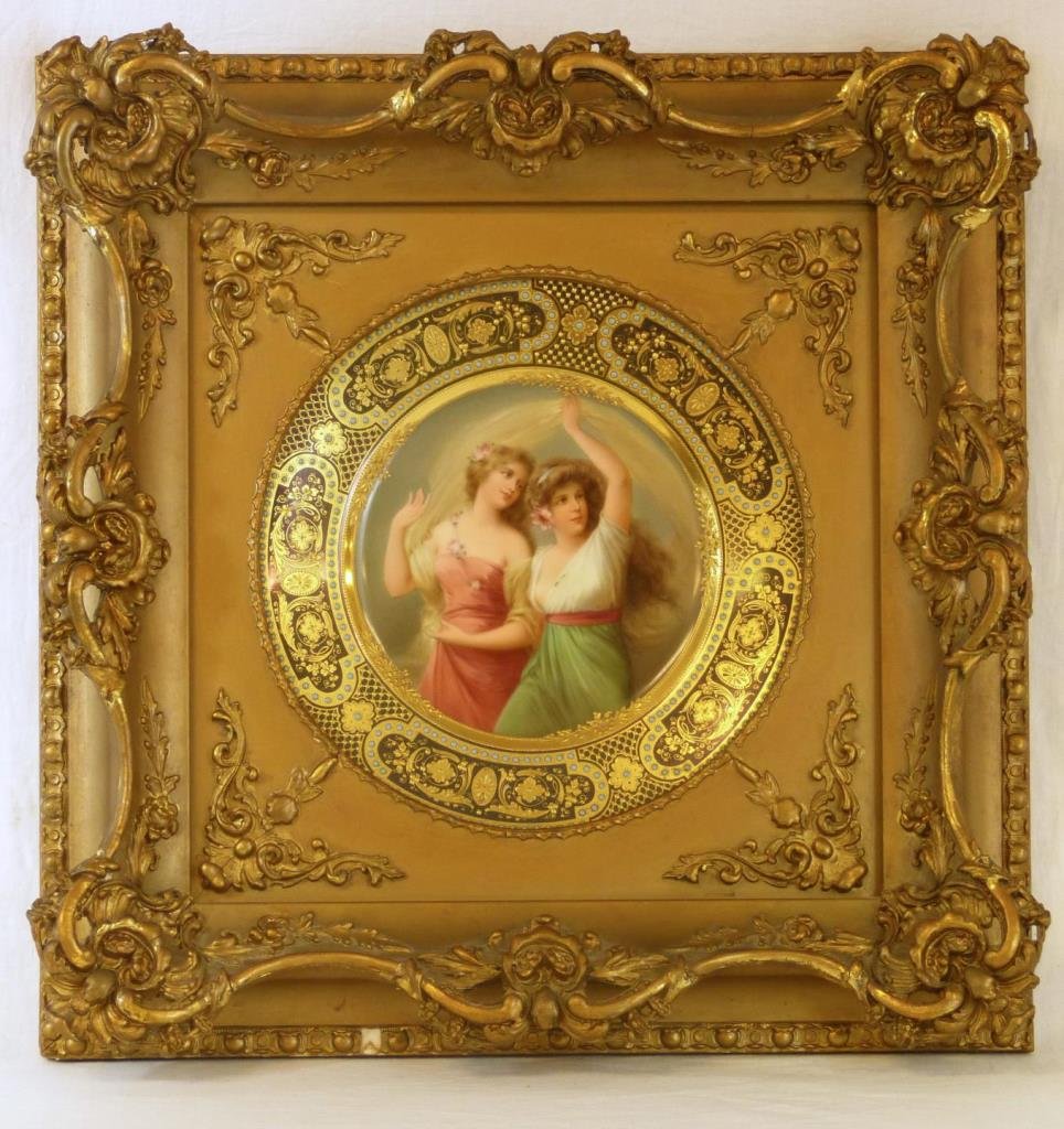 19th C VIENNA STYLE HUTCHENRUETHER PORTRAIT PLATE: A fabulous antique Hutchenruether German porcelain hand painted Vienna style portrait plaque depicting two young beauties staring off in the distance and appear to be swooned with feelings of love. Ti