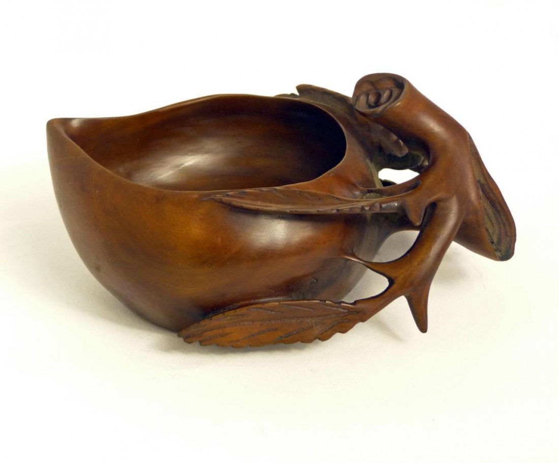 19th C CHINESE MAHOGANY PEACH FORM BRUSH WASHER: Antique Chinese hand carved mahogany wood peach form brush washer. Very nicely crafted with beetle resting on a leaf extending from branch. Circa Qing Dynasty period, 19th century. Measures 2 3/4" hei