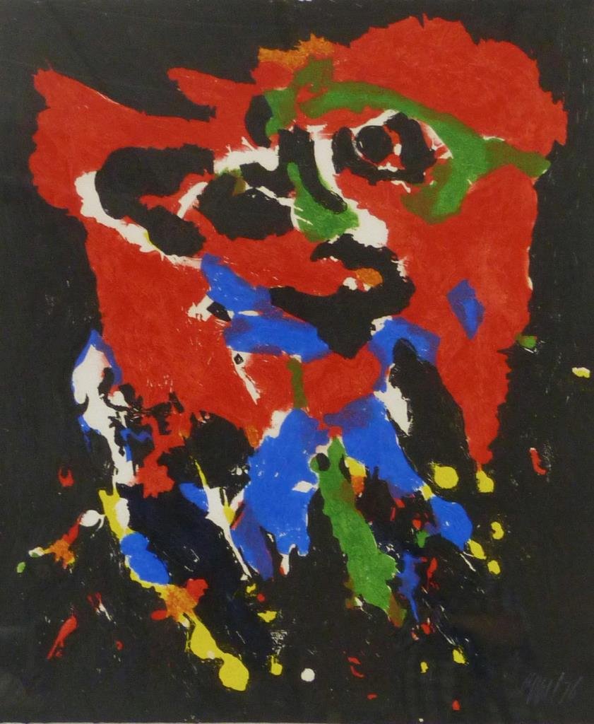 KAREL APPEL ABSTRACT AQUATINT ETCHING, SIGNED: Karel Appel (DUTCH, 1921-2006) aquatint etching depicting an abstract scene. Titled 'Nightface on Broadway' Signed to lower right and numbered 97/110 to lower left. Measures 35 1/4" height x 29 1/8" w