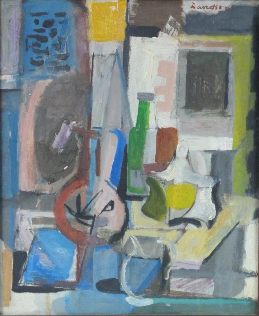 MORRIS DAVIDSON ABSTRACT OIL PAINTING ON CANVAS: Morris Davidson (AMERICAN, 1898) abstract oil painting on canvas depicting an abstract still life. Signed to upper right. Mounted in wooden frame. Measures 24 1/4" height x 20 1/8" width + 3 5/8" fram