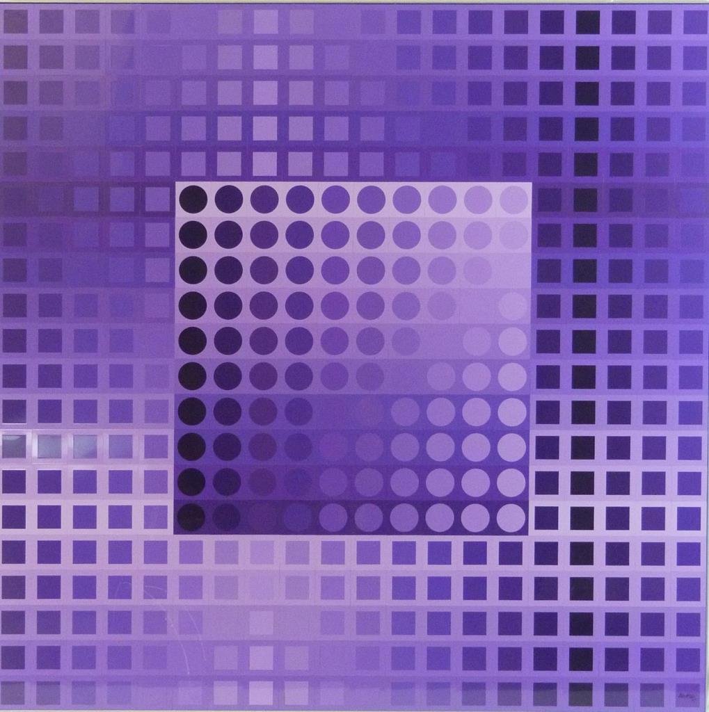 VASARELY 'MONOCHROME VIOLET' COLLAGE ON METAL: Victor Vasarely (french, 1906 - 1997) collage on metal depicting a 'Monochrome Violet' design. Signed to lower right. Includes 1984 Evaluation from Vasarely Center. Mounted in chrome tone metal frame.