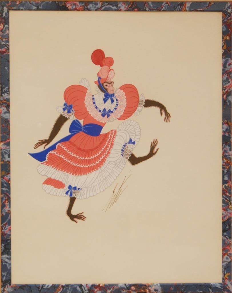 ERTE GOAUCHE OF MONKEY IN PERIOD DRESS IN FRAME: Romain de Tirtoff (RUSSIAN/FRENCH, 1892 – 1990) original color gouache depicting a standing monkey wearing a period dress. Signed to lower right of image. Mounted in gilded wooden frame behind glass