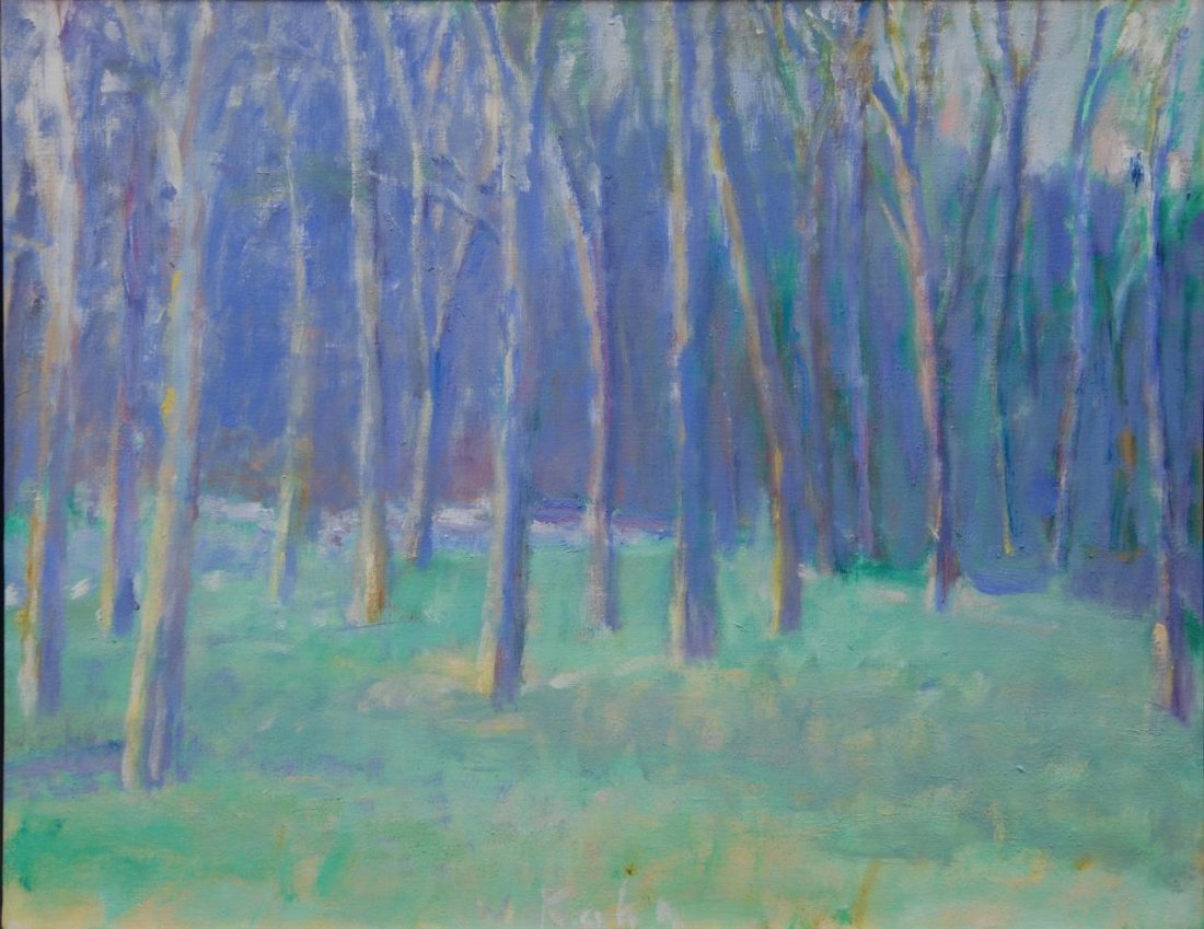 WOLF KAHN AMERICAN IMPRESSIONIST OIL ON CANVAS: Wolf Kahn (AMERICAN/GERMAN, 1927) 'American Impressionist Picture' oil painting on canvas. Signed to lower center. Mounted in black and gold painted wooden frame. Measures 22 1/4" height x 28" width (