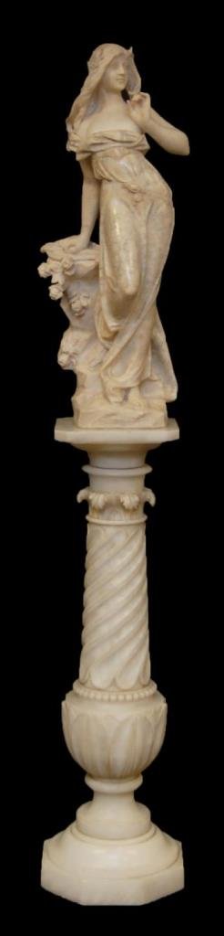 ADOLFO CIPRIANI 'ISPIRAZIONE' CARVED MARBLE ON PED: Adolfo Cipriani (ITALIAN, active 1880-1930) carved marble sculpture titled 'Ispirazione' depicting a standing woman in dress. Includes white marble pedestal. Figure signed and titled to back of base.
