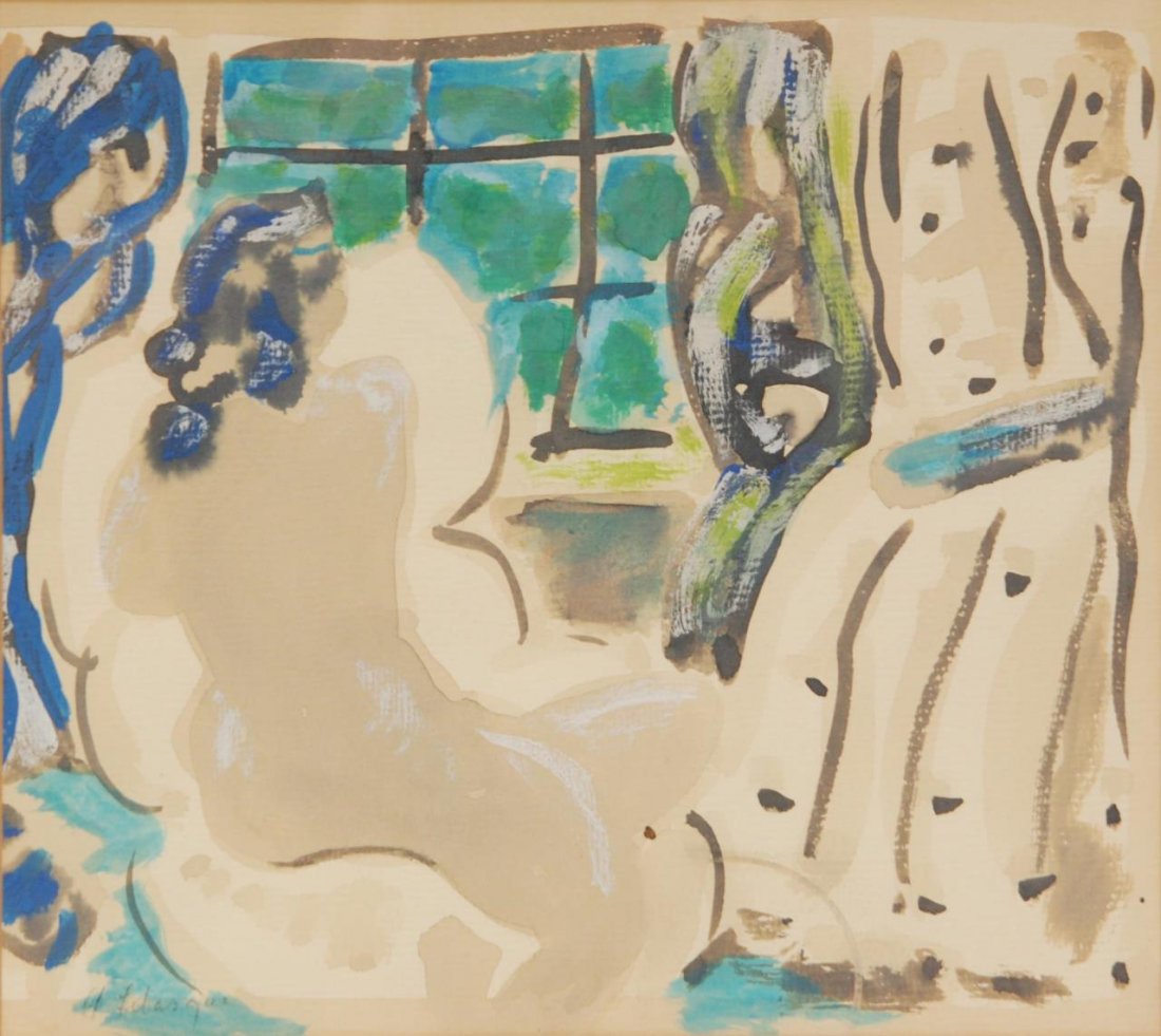 HENRI LEBASQUE NUDE INTERIOR SCENE WATERCOLOR: Henri Lebasque (FRENCH, 1865-1937) nude interior scene watercolor. Pencil signed to lower left. Mounted in wooden frame behind glass screen. 10" height x 10 5/8" width + 4 mat & frame (25.4cm x 26.9cm