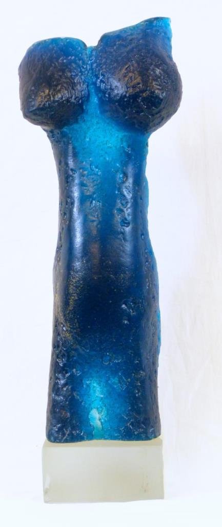 JACQUELINE BADORD PATE DE VERRE DAUM TORSO FIGURE: Jacqueline Badord (FRENCH, 1917) for Daum France Pate de Verre torso sculpture. Raised 'BADORD' signature with 'DAUM' and numbered 17/150. Set rectangular frosted glass base. Measures 15" height + 2" 