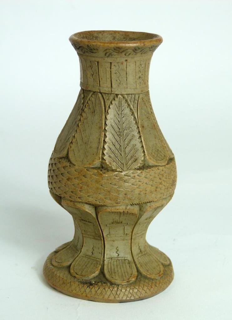 ANTIQUE MIDWEST NATIVE AMERICAN POTTERY VASE: Antique Mid West dedicated 1882 native American brown pottery vase. Has scaled design with raised and etched leaves design. Bottom dated July 1, 1882 and holds an etched number 3. Etched dedication to