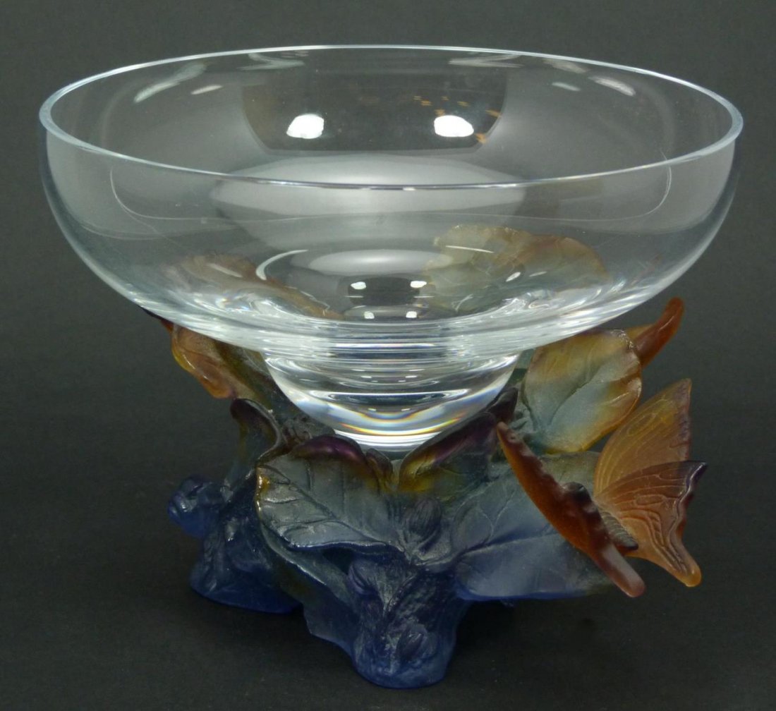 DAUM PATE DE VERRE PAPILLION CENTERPIECE BOWL: Daum France Pate de Verre 'Coupe Papillion' centerpiece bowl. Base depicts a butterfly and snail to leaves. Script 'Daum France' mark to bottom. Includes original fitted box. Bowl measures 6" height x