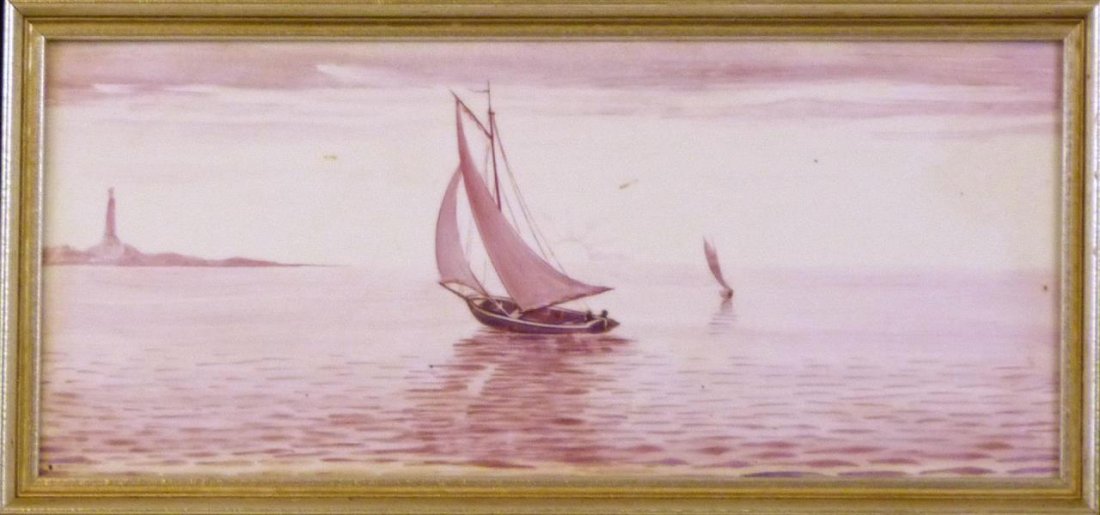 HAND PAINTED ENAMEL ON POLYMER TILE OF SAILBOAT: Hand painted enameled polymer wall tile depicting a sailboat in a waterscape scene with lighthouse in the distance. Mounted in wooden frame with velvet matting. Measures 6" height x 14" width + 5 1/2"