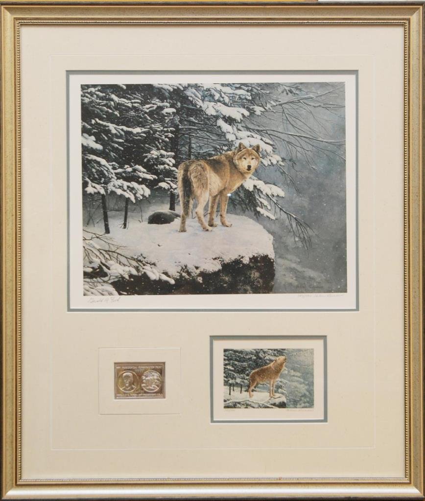 1991 GERALD FORD PRESIDENTIAL CONSERVATION ART: A 1991 Gerald Ford Presidential conservation art in frame with silver dipped brass plaque. Includes two Helen Rundell (AMERICAN, 1953 - ) 'Eastern Timberwolf' prints with a brass Presidential plaque b