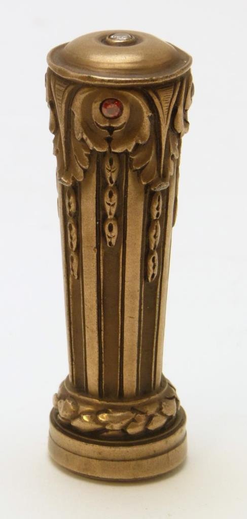 19th C RUBY & DIAMOND INTAGLIO BLOODSTONE SEAL: Antique European ruby and diamond jeweled intaglio bloodstone seal having a column design with scrolled leaves. Round diamond set to top approx. 0.15ct. Four rubies set to sides near top approx. 0.40c