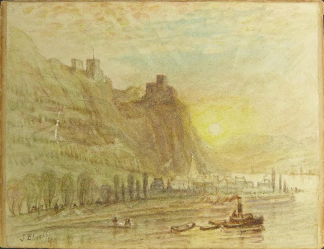 D JEROME ELWELL 1884 COASTAL VIEW WATERCOLOR: D. Jerome Elwell (AMERICAN, 1847-1912) original watercolor on paper applied to card board depicting a coastal scene. Signed 'J Elwell' to left and dated 1884. Measures 5" height x 6 1/4" width (12.7cm