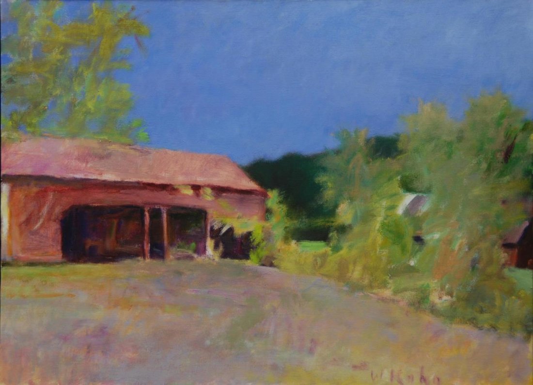 WOLF KAHN 'RED SHED, BLUE SKY' OIL ON CANVAS 1987: Wolf Kahn (AMERICAN/GERMAN, 1927) oil painting on canvas titled 'Red Shed, Blue Sky'. Executed circa 1987. Signed to lower right. Measures 28" height x 38" width + 1" frame (71.1cm x 96.5cm + 2.5cm).