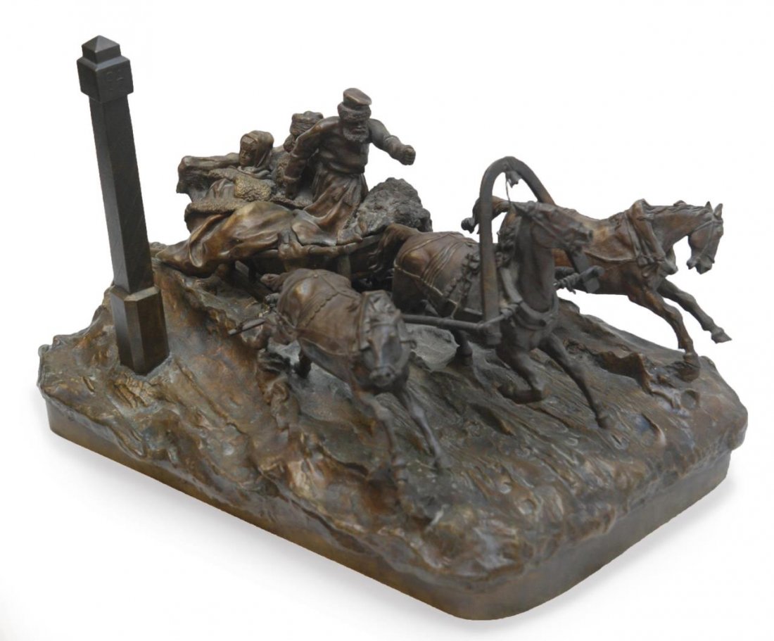 GRACHEV RUSSIAN BRONZE FIGURAL SLED GROUP: Russian Bronze figural group sculpture by Vassili Yacovlevitch Grachev (RUSSIAN, 1831-1905). Depicts a group Troika sled scene. The sled having two men and a woman as passengers while being led by thr