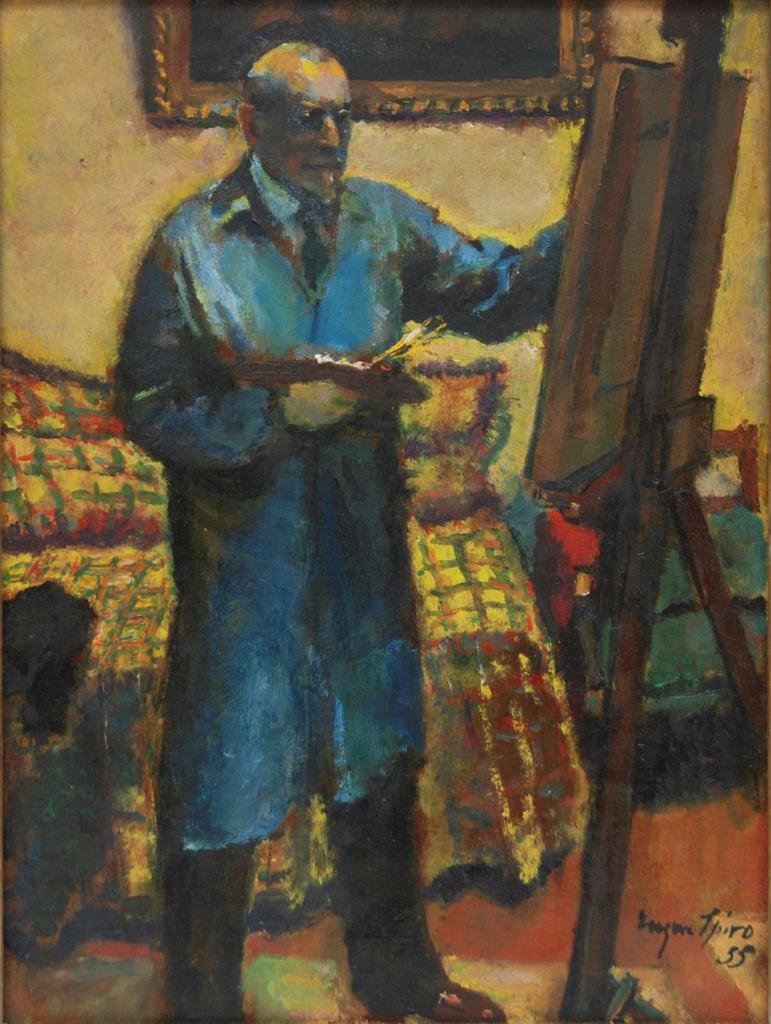 EUGENE SPIRO SELF PORTRAIT OIL PAINTING ON PANEL: Eugen Spiro (GERMAN, 1874-1972) oil painting on wooden panel depicting a self portrait while painting. Signed to lower right and dated '55. Mounted in gold painted wooden frame. Measures 16" height x 