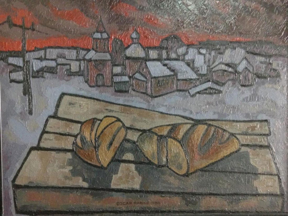 OSCAR RABINE OIL PAINTING ON CANVAS OF BREAD: Oil painting on canvas depicting a cut loaf of bread on a wooden table with cityscape in the background. Attributed to Oskar Rabin (RUSSIAN, 1928). Signed to lower center and dated 1989. Measures 27 3