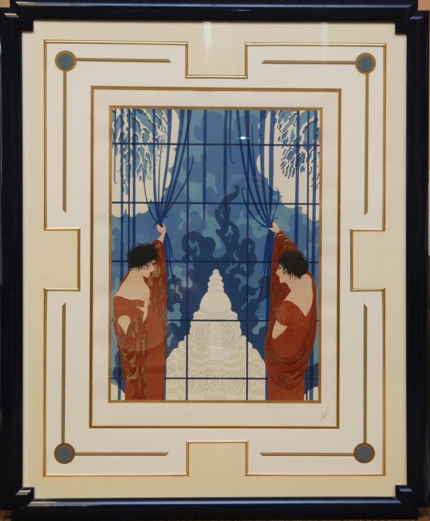 ERTE 'WINTER'S ARRIVAL' LIMITED EDITION SERIGRAPH: Erté (FRENCH, 1892-1990) limited edition serigraph depicting 'Winter's Arrival'. Pencil signed lower right. Pencil numbered lower left XXX/CXVV (30/125). Mounted in blue painted wooden frame with mat