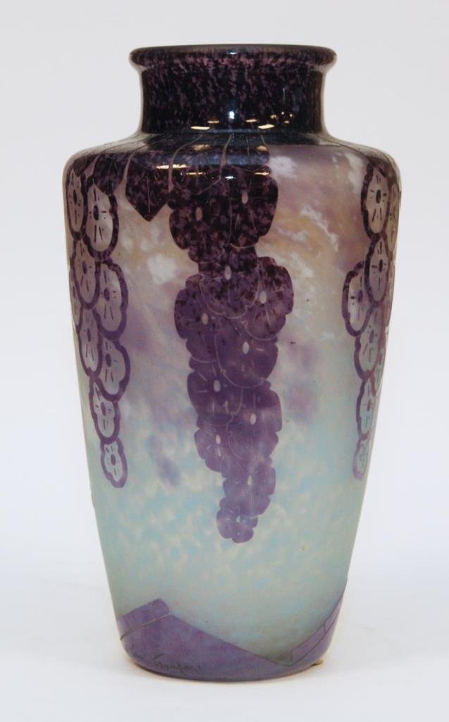 CHARDER LE VERRE ART GLASS OVINGTON CAMEO VASE: Charder le Verre French art glass cameo vase having a draping leaves design. Raised mottled deep to light violet colors over frosted clear to lavender. Charder signature to side. Retailed by Ovington'