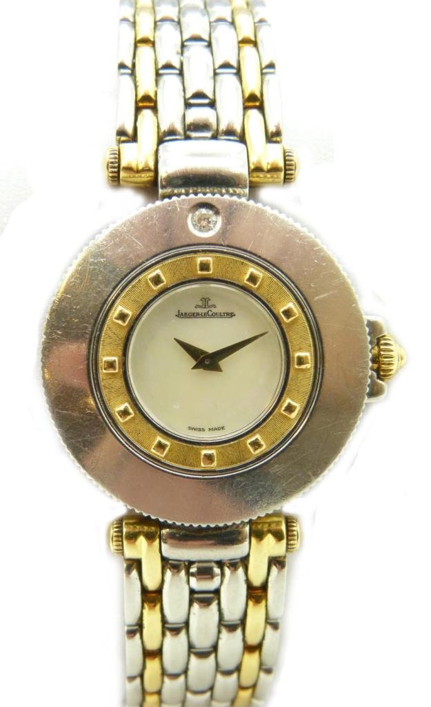 LADIES JAEGER LECOULTRE SS & 18K YG WATCH: Ladies Jaeger LeCoultre, "Carnet de Rendez-Vous" wrist watch. Reference number 441.5.01. Crafted of stainless steel and 18k yellow gold with featured diamond. Original Jaeger LeCoultre stainless & gol