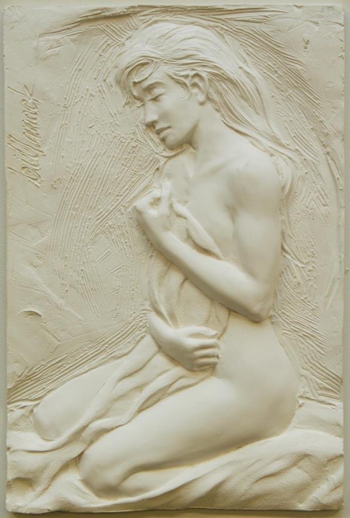 BILL MACK 'SERENE' BONDED SAND PLAQUE 59/195: Bill Mack (AMERICAN, 1949 - ) bonded sand white plaque depicting a nude female. Titled 'Serene'. Signed to upper left and numbered 59/195 to upper right. Set to gold tone frame and matting. Measures 1