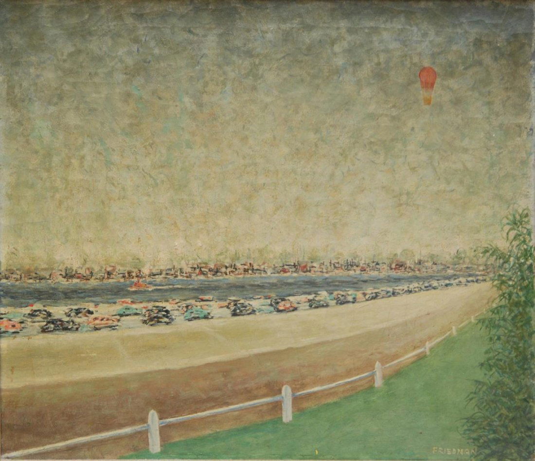 ARNOLD FRIEDMAN INTRACOASTAL OIL ON CANVAS: Arnold Friedman (AMERICAN, 1874-1946) oil painting on canvas depicting an intra coastal scene. A busy road packed with cars can be seen with a cityscape to background. A hot air balloon is floating in