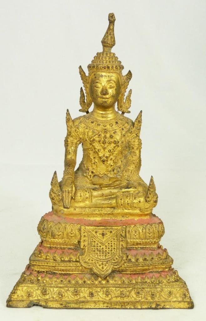 18th C THAI GILDED BRONZE SEATED BUDDHA SCULPTURE: Antique Thai gilded bronze sculpture depicting a seated Buddha on tiered throne. Circa Ratanakosin period, 18th century. Measures 8 1/2" height (21.6cm). Total weight of 984 grams. Includes certificat