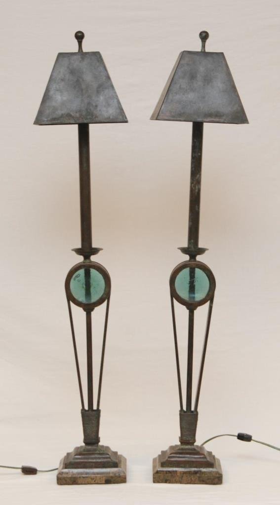 Pr MAITLAND-SMITH BRONZE GLASS & MARBLE LAMPS: A pair of Maitland-Smith green and brown patinated bronze lamps. Mounted on a marble base with a blue glass window design to center. Rectangular bronze shades. Hold paper labels to bottom. 20th centur