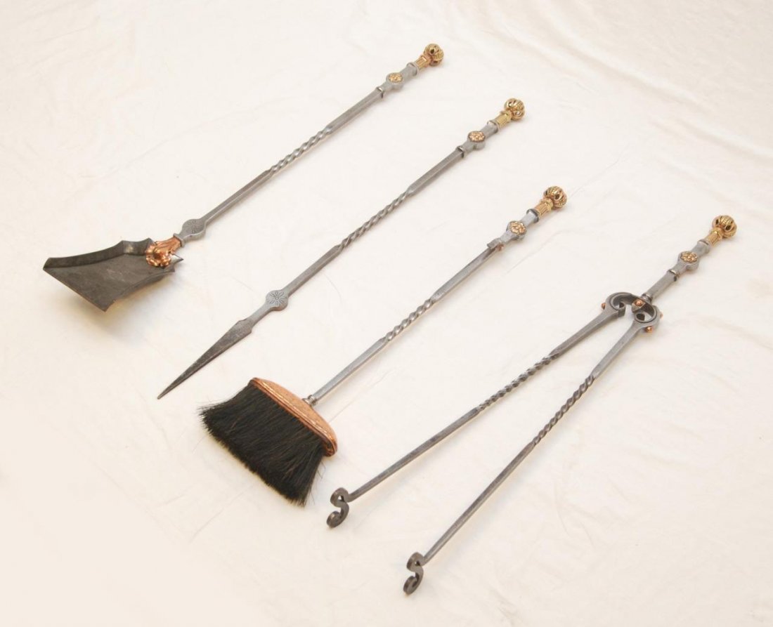 4 ARTS & CRAFTS HAMMERED FIREPLACE TOOLS: A set of four Arts and Crafts hammered fireplace tools having a brass and nickel metal design. Includes brush, shovel, poker and tongs. Circa late 19th century. Each measures approx. 33" length (83.8c