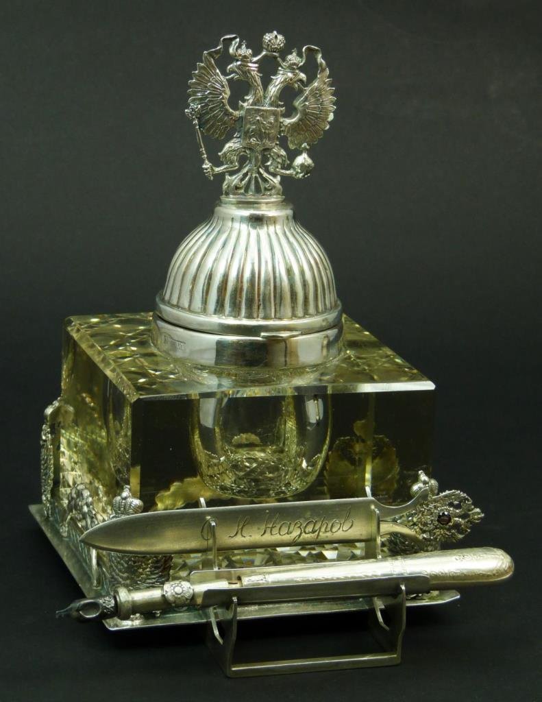 LARGE RUSSIAN SILVER & CRYSTAL INKWELL: A large Russian silver and crystal cut cube form inkwell. Has double headed eagle coat of arms finial to top of well. Includes letter opener and pen in fitted holders. Holds with 84 silver purity, ass