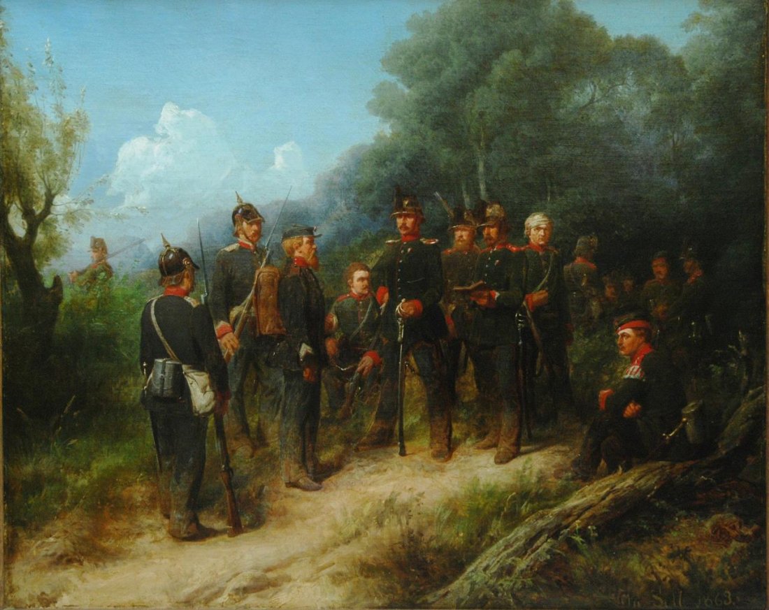 CHRISTIAN SELL I OIL ON CANVAS PRUSSIAN SOLDIERS: Christian Sell the Elder (GERMAN, 1831-1883) oil painting on canvas depicting a Prussian soldier military scene. Signed to lower right and dated 1863. Mounted in a wooden frame. Measures 21 1/2" heigh