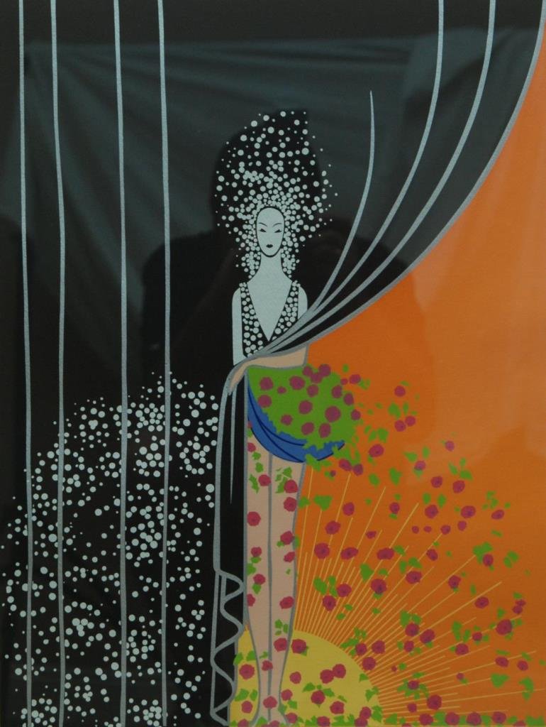 ERTE ARTIST PROOF 'PRINTEMPS' SERIGRAPH SIGNED: An Erté or Romain de Tirtoff (RUSSIAN/FRENCH, 1892-1990) artist proof color serigraph depicting a woman with drapes and flowers titled 'Printemps'. Pencil signed to lower right. Pencil writting 'AP'