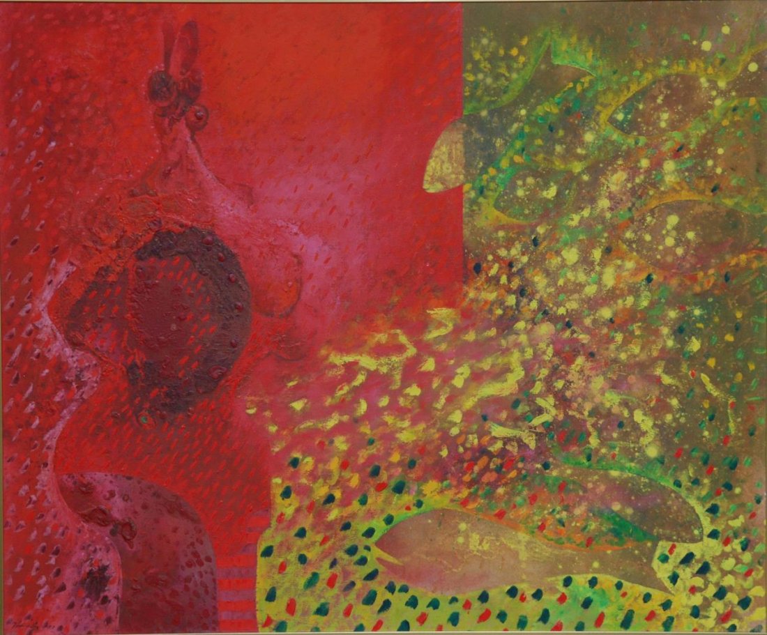 VLADIMIR CORA ABSTRACT OIL PAINTING ON CANVAS: Vladimir Cora (MEXICAN, 1951- ) oil painting on canvas depicting an abstract scene with torso and fish over red and green grounds. Signed lower left and dated 1987. Titled to verso 'La Amante de lost