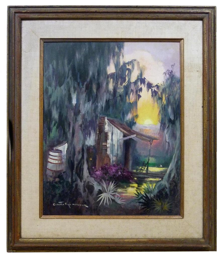 COLETTE POPE HELDNER OIL PAINTING ON BOARD: Colette Pope Heldner (AMERICAN, 1902-1990) oil painting on board depicting a rustic home in a Louisiana bayou with a boatman in the distance. Titled 'Swamp Idyl'. Signed to lower left. Measures 20 1/2
