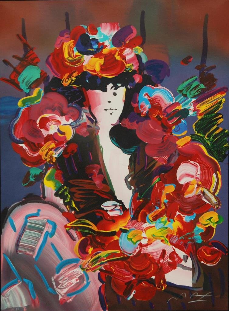 PETER MAX 'BROWN LADY' HORS COMMERCE LITHOGRAPH: Peter Max (AMERICAN/GERMAN, 1937) Hors Commerce edition lithograph titled 'Brown Lady'. Depicts a woman with flowers. White crayon signed to lower right. Numbered HC 17 to lower left with impressed se