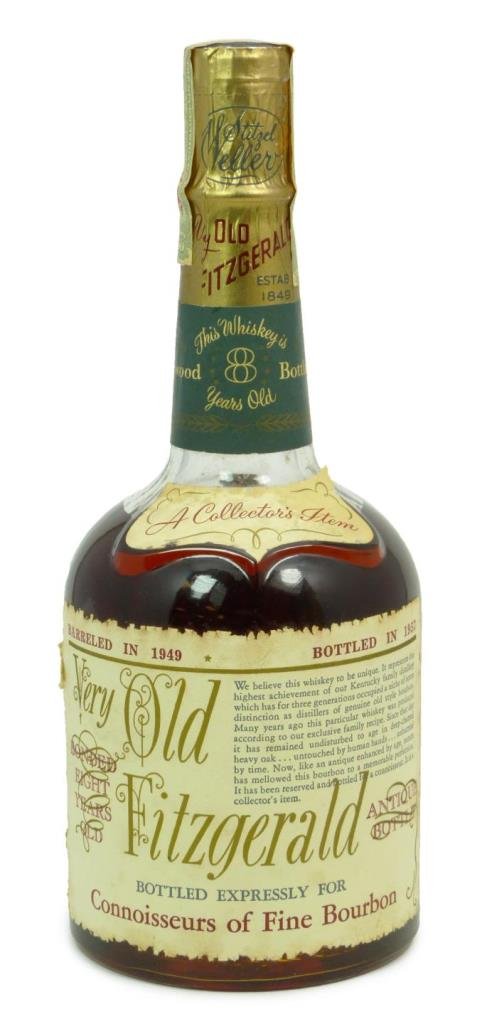 VERY OLD FITZGERALD FINE KENTUCKY BOURBON 1957: A Very Old Fitzgerald original Sour Mash Kentucky bonded bourbon whiskey bottled in 1949 and sold in 1957. Distilled and Bottled by Stitzel Weller. 100 proof, 4/5 quart. Still sealed. Includes origina