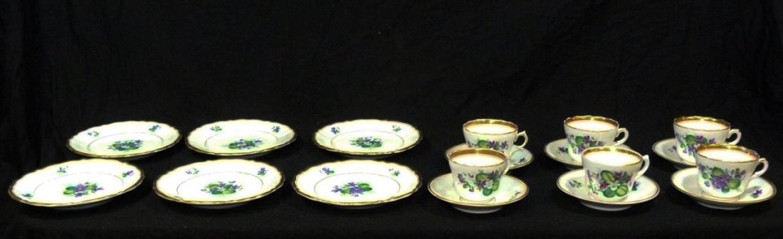 18pc 19th CENTURY KPM FLORAL TEACUP & DESSERT SET: Antique KPM German hand painted floral tea cup and dessert plate set. Includes: Six teacups (2 3/4"), six saucer (6") and six dessert plates. All bottoms hold the blue KPM mark, used circa 1840-1895.