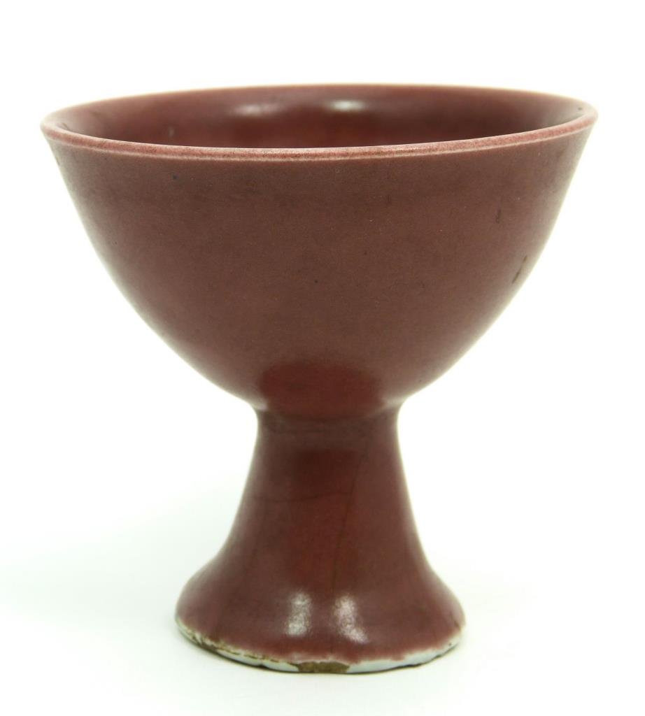 MING DYNASTY SANG DE BEOUF GLAZE STEM CUP: Antique Chinese Ming oxblood glaze stem cup. Bottom holds blue four character Chenghua reign mark in double circles. Measures 2 5/8" height x 2 3/4" diameter (6.6cm x 6.9cm). Total weight of 80 grams.