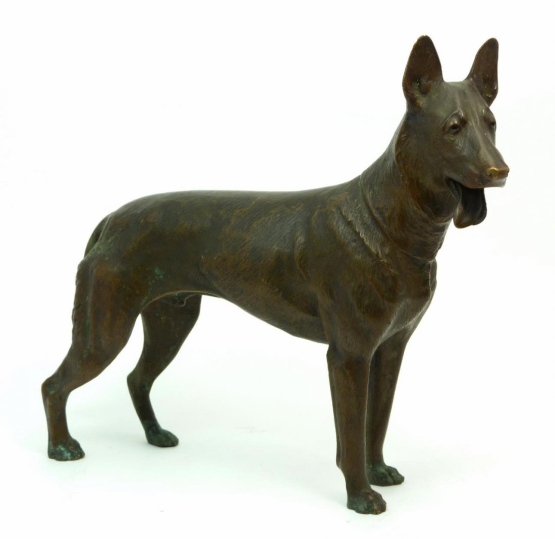 BRONZE FIGURE OF GERMAN SHEPHERD AFTER DILLER: A heavy Continental bronze sculpture depicting a standing German Shepherd after Fritz Diller (GERMAN, 1876-1946). First half of the 20th century. Measures 11" (27.5 cm) length and 9 5/8" 24.5 cm) heig