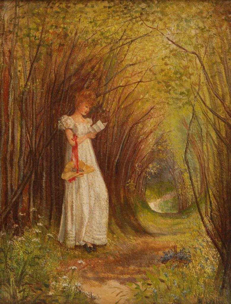 CHARLES ROBERT LESLIE OIL PAINTING ON CANVAS: Charles Robert Leslie R.A. (AMERICAN/BRITISH, 1794-1859) oil painting on canvas depicting a young woman in a white dress reading a letter on a secluded wooded path. Titled 'The Trysting Place' on appl
