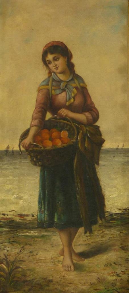 G. LENZ GERMAN OIL ON CANVAS 'BEAUTY WITH PEACHES': G. Lenz (GERMAN, ) oil painting on canvas depicting a young woman holding a basket of peaches. She is standing on sand with coast behind her. Titled 'Beauty With Peaches'. Signed to lower right. Mount
