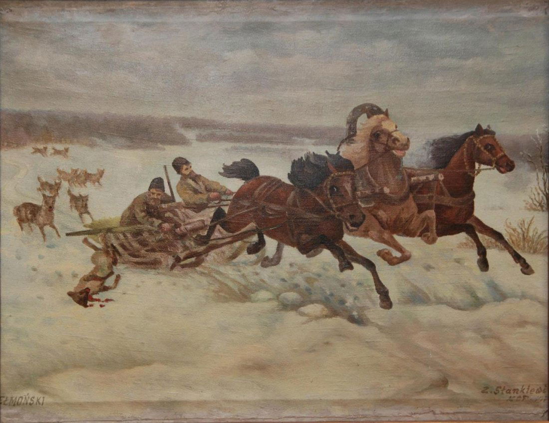 ZOFIA STAKIEWICZ OIL ON CANVAS OF SLED CHASE SCENE: Zofia Stankiewicz (POLISH, 1862-1955) oil painting on canvas depicting a winter horse drawn sled scene. Three horses pull a sled franticly as two Kossacks on the sled defend themselves from a pack of