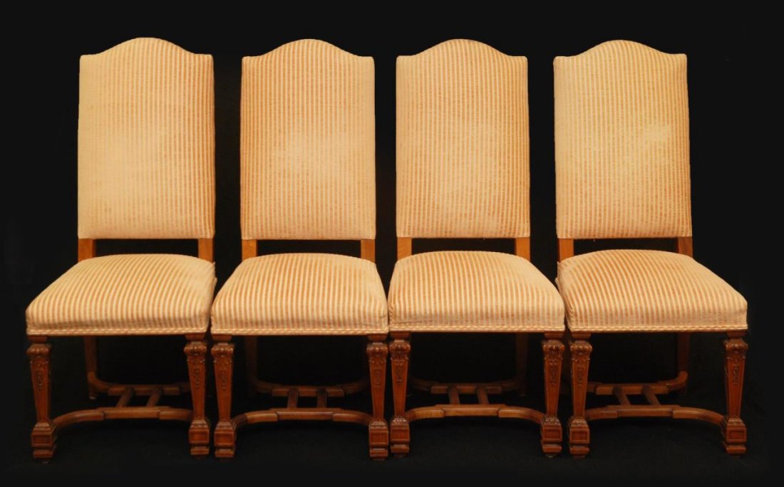 FOUR LOUIS XVI FRENCH CARVED WOOD DINING CHAIRS: A set of four French Louis XVI dining chairs. Front two legs carved with columnar design having raised floral scroll carvings. Each measures approx. 45" height x 19 3/4" depth x 16 5/8" width (114.3cm