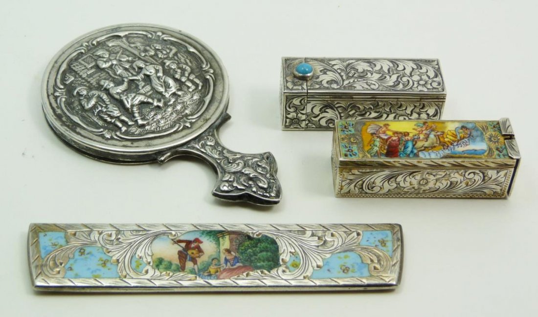LOT OF FOUR EUROPEAN SILVER VANITY ITEMS: A lot of four European silver items including two 800 Italian silver lipstick holders, each with chased floral design. One having a set turquoise stone and the other a hand painted enameled scene. Inc