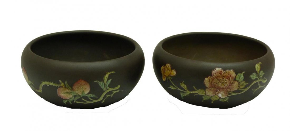 18th/19th C PAIR OF CHINESE POTTERY WASH BOWLS: A pair of antique Chinese hand painted enameled brown pottery brush washing pots depicting flowers on branches to exterior. Each holding round impressed calligraphy marks to bottom. Circa Qing Dynasty
