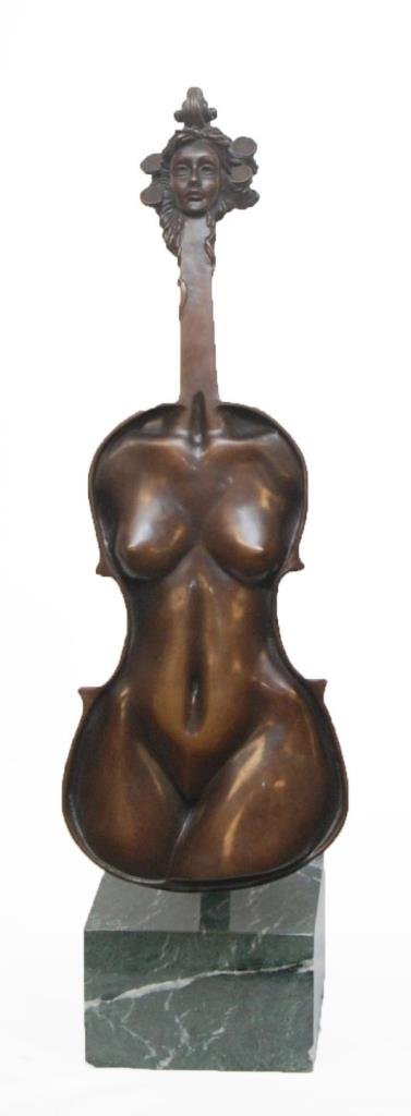 ARI HARPAZ BRONZE FIGURAL VIOLIN SCULPTURE: Ari Harpaz (ROMANIA/ISRAEL, 20th century) bronze figural sculpture of violin form, depicting the body of a nude female with head to peg box. Signed 'Harpaz' to side. Mounted on green marble cube plint