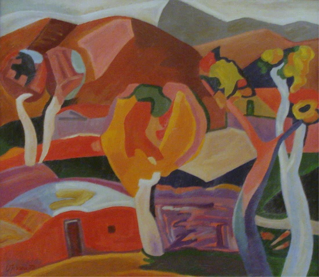 MINAS AVETISIAN CUBISM OIL PAINTING ON CANVAS: Cubism Oil painting on canvas attributed to Minas Avetisian (ARMENIAN/RUSSIAN, 1928 - 1975). Signed in Cyrillic, dated 1972 and stamped on the back. Measures 18" height x 20 1/2" width + 2" frame (45.
