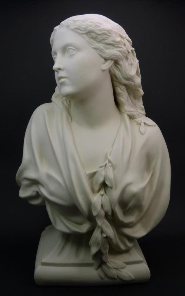 COPELAND PARIAN BUST OF YOUNG WOMAN 1881: Antique Copeland Spode English Parian bust of young woman by Owen Hale and dated 1881 to verso. Measures 18 3/8" height x 11" width (46.6cm x 27.9cm). Total weight of 5.65 kilograms.