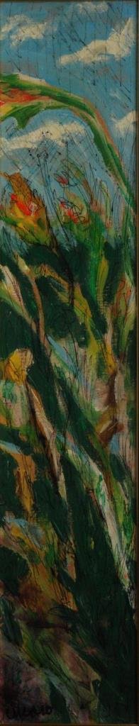PASCAL CUCARO OIL PAINTING ON CANVAS 8" X 40": Pascal Cucaro (AMERICAN, 1915-2004) oil painting on canvas depicting flowers. Signed to lower left. Mounted in wooden cream lacquered frame. Measures 7 5/8" width x 39 5/8" height + 1 3/4" frame (19.3