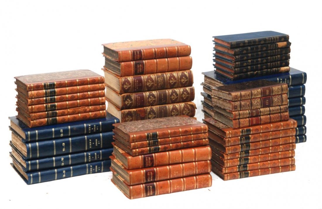 GROUP OF 19th/20th CENTURY LEATHER BOUND BOOKS: A group old French and German leather bound books. Each decorative 19th/20th century. Leather bound books. Each having aesthetic binding and covers. Includes Le Berry a Paris, Evelyn's Memoirs, Jennys