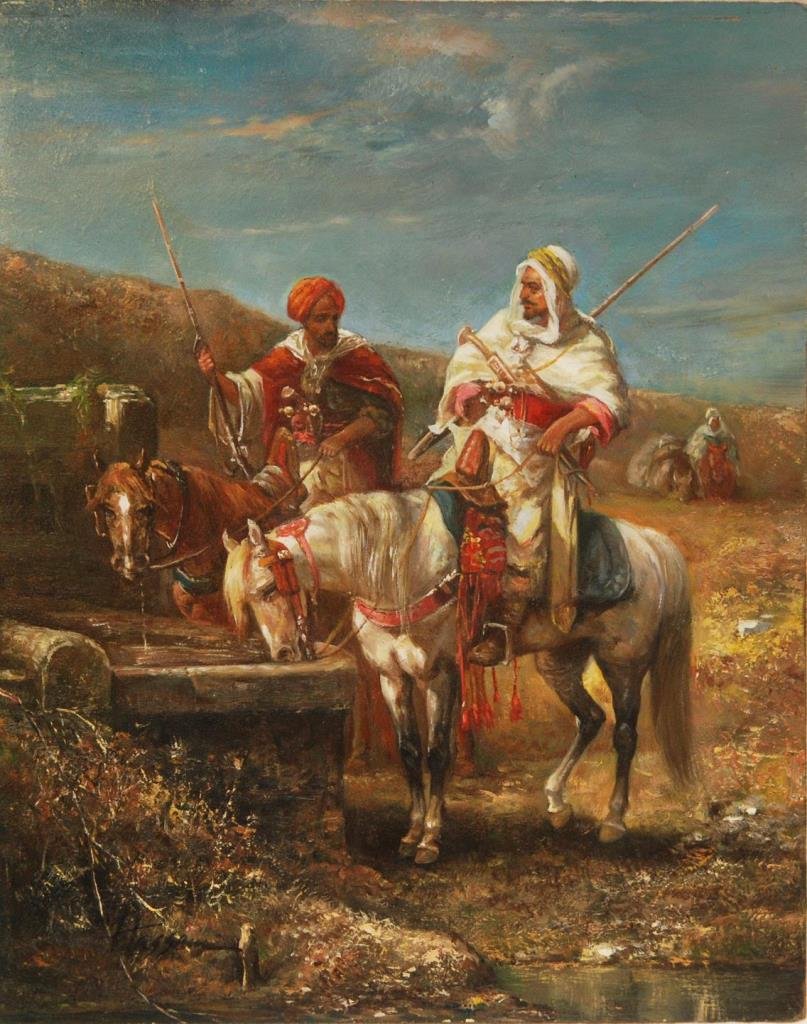 OIL ON PANEL OF ARABIAN HUNTERS SIGNED HASSAM: An oil painting on panel depicting Bedouin hunters. Signed Hassam to lower left. 19th/20th century. Measures 10" height x 8" width (25.4cm x 20.3cm). Total weight of 252 grams.
